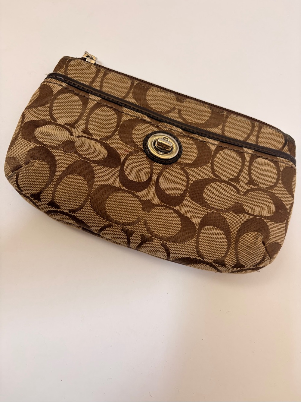 Coach Brown Signature Canvas Turnlock Wristlet